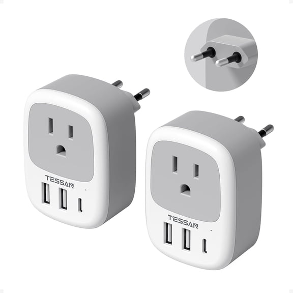 2 Pack European Travel Plug Adapter, US to Europe Plug Adapter with 3 USB Ports (1 USB C), Type C Power Outlet for EU International Italy Iceland Spain France Germany