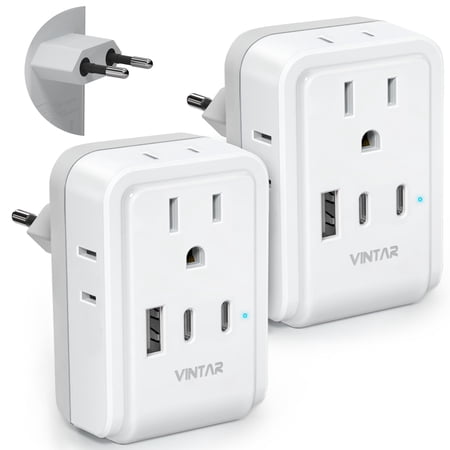 2 Pack European Travel Plug Adapter, VINTAR Europe Adaptor with 4 AC Outlets 3 USB Ports(2 USB C), Type C International Power Adapter for US to Most of Europe EU Italy Spain France Germany Iceland