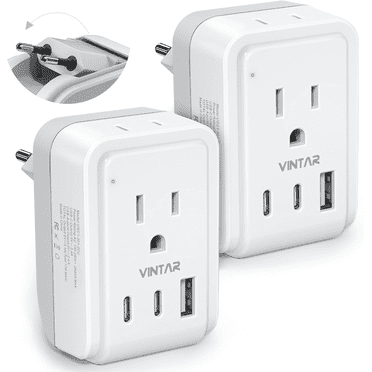 [2-Pack] VINTAR Foldable European Travel Plug Adapter with 2 AC 3 USB (2 USB C), Type C Travel Essentials Charger for Most of Europe EU Italy Spain France