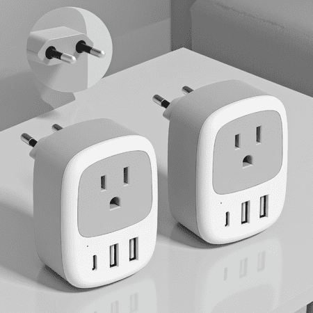 2 Pack European Travel Plug Adapter, to Type C Outlet with 3 USB Ports (1 USB-C) for France Spain