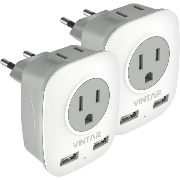 2 Pack European Travel Plug adapter, International Power Plug Adapter with 2 USB Ports,2 American Outlets- 4 in 1 Outlet Adapter,Travel Essentials to Italy,Greece,France, Spain (Type C)