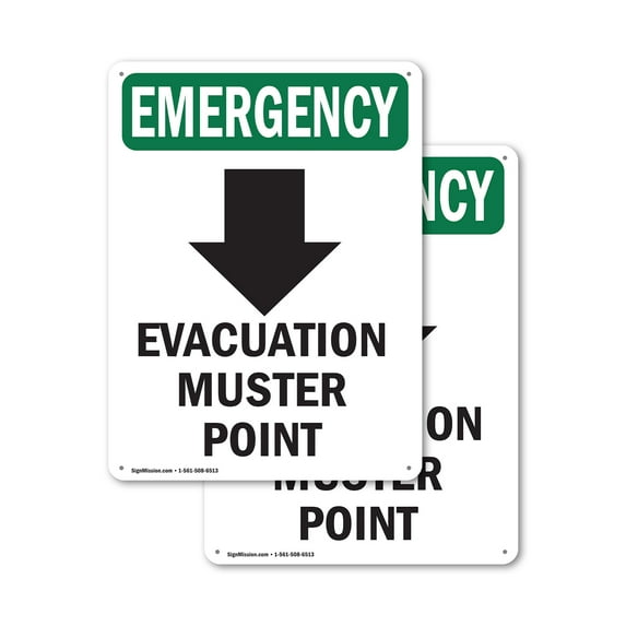 (2 Pack) Evacuation Muster With Symbol OSHA Emergency Sign 10 Inch X 14 Inch Indoor / Outdoor Rust-Free Aluminum Metal Signs for Workplace, Workshop, and Construction Site, Made in the