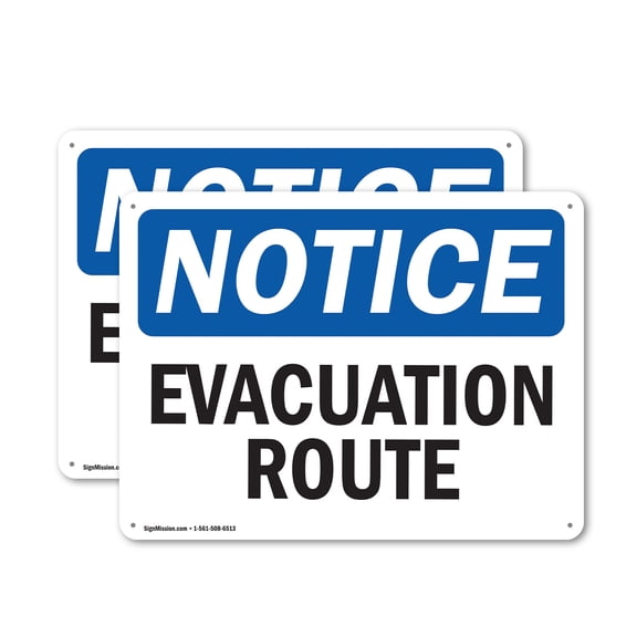 (2 Pack) Evacuation Route OSHA Notice Sign 24 Inch X 18 Inch Indoor / Outdoor Rust-Free Aluminum Metal Signs for Workplace, Workshop, and Construction Site, Made in the USA