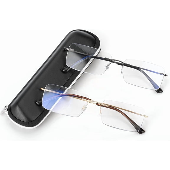 2 Pack Executive Frameless Progressive Multifocus Reading Glasses for Men, Metal Rimless Blue Light Computer Readers