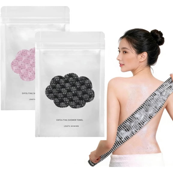 2 Pack Exfoliating Shower Towel, 39-inch Dual-Sided Body Scrubber with Hexagon Weave, Extra-Long Back Scrubber for Deep Cleansing and Gentle for Sensitive Skin