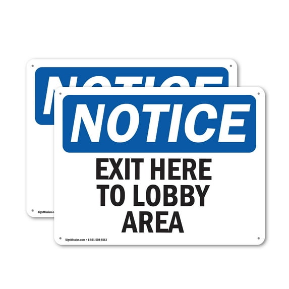 (2 Pack) Exit Here To Lobby Area OSHA Notice Sign 14 Inch X 10 Inch Indoor / Outdoor Rust-Free Aluminum Metal Signs for Workplace, Workshop, and Construction Site, Made in the USA