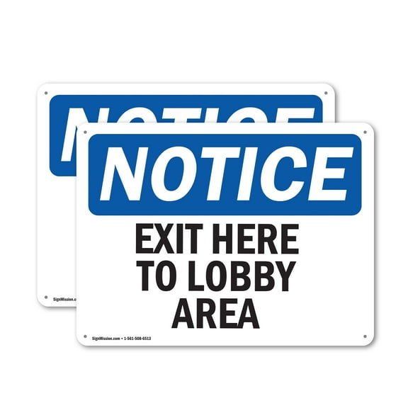 (2 Pack) Exit Here To Lobby Area OSHA Notice Sign 18 Inch X 12 Inch Indoor / Outdoor Rust-Free Aluminum Metal Signs for Workplace, Workshop, and Construction Site, Made in the USA