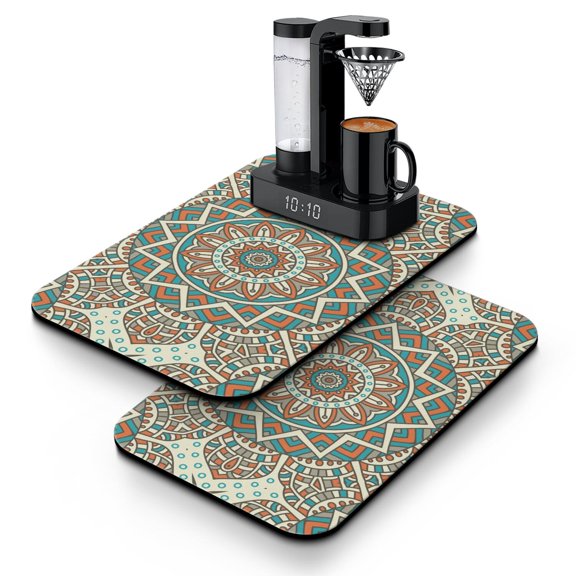 2 Pack Exotic Cultural Coffee Bar Mat - Zen Meditation Pattern, Eco-Friendly & Reusable Kitchen Counter Mat