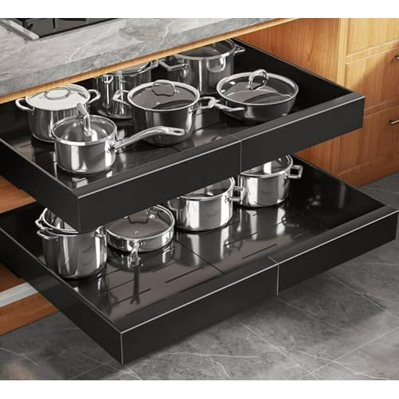 2 Pack Expandable (15.1"-26.3") Pull Out Cabinet Organizer 21" Deep With Raising Pad for Framed Cabinets,Upgrade 3 Slide Rails Slide Out Drawers,No Drill Roll Out Shelves Adhesive,White