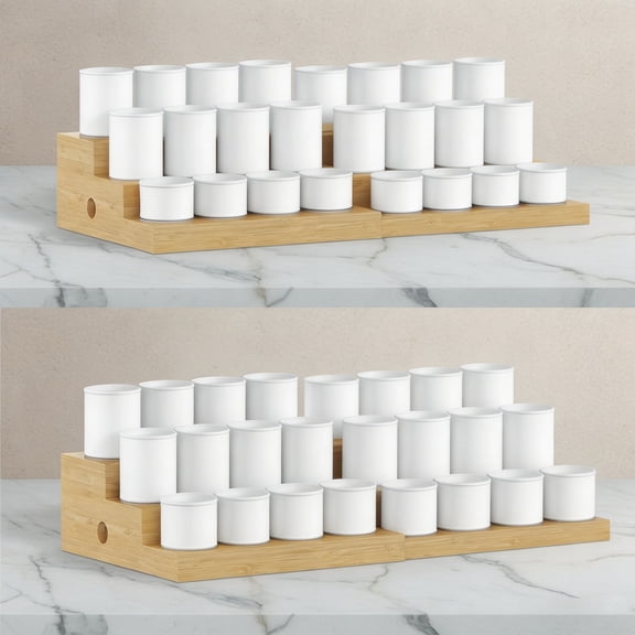 2-Pack Expandable Bamboo Can Rack Organizer for Pantry Display, 3-Tier Adjustable Can Storage Holder, Soda & Canned Food Organizer for Cabinets & Countertops, Holds Up to 48 Cans (Patent Pending)