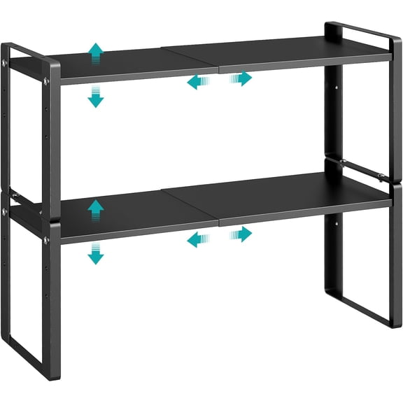 2 Pack Expandable Cabinet Organizer Shelves, 88lbs High Weight Capacity, Stackable Heavy-Duty Metal Storage Rack, Adjustable Shelf for Kitchen, Pantry, Cupboard, Under Sink, Black