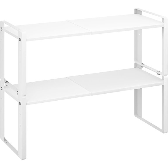 2 Pack Expandable Cabinet Organizer Shelves, 88lbs High Weight Capacity, Stackable Heavy-Duty Metal Storage Rack, Adjustable Shelf for Kitchen, Pantry, Cupboard, Under Sink, White