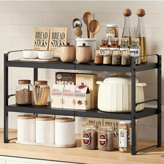 2 Pack Expandable Cabinet Organizer Shelves, Adjustable Metal Organizer Rack, Stackable Organizer Rack for Kitchen , PantryBedroom, Bathroom, Closet and Office, Black, M