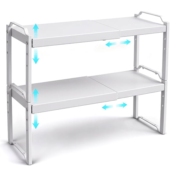 2 Pack Expandable Cabinet Organizer Shelves, Stackable Kitchen Countertop and Pantry Storage, Adjustable Cupboard Shelf Rack, Length 20.5"