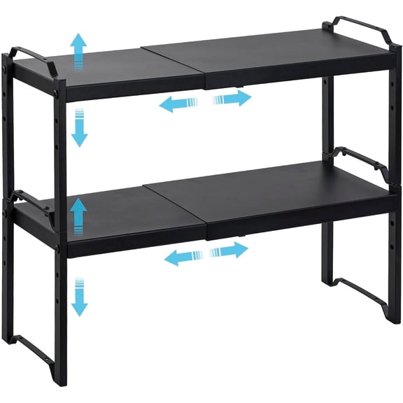 2 Pack Expandable Cabinet Shelf Organizers, Stackable Kitchen Counter & Pantry Storage Rack, Adjustable Cupboard Shelves, Extends to 20.5"