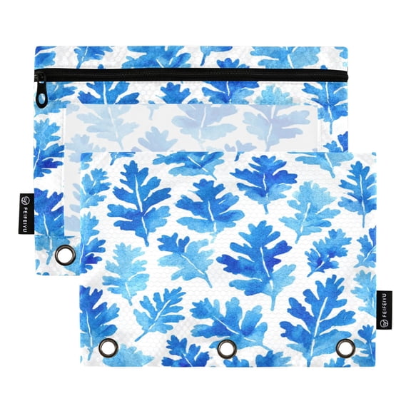 2 Pack Expandable Flip Folders with Clear PVC Window Binder Pouches 3-Ring Binder Organizer Blue Oak Leaf Pattern