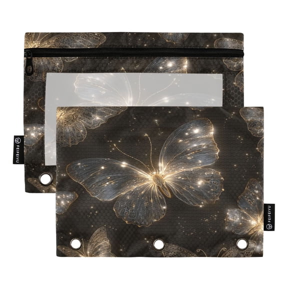2 Pack Expandable Flip Folders with Clear PVC Window Binder Pouches 3-Ring Binder Organizer Gold Glowing Butterfly