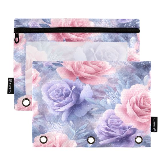 2 Pack Expandable Flip Folders with Clear PVC Window Binder Pouches 3-Ring Binder Organizer Watercolor Pink and Purple Roses