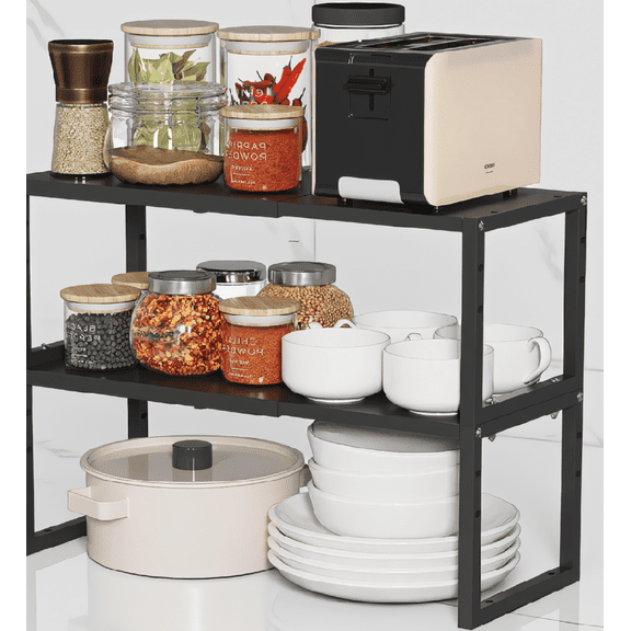 2 Pack Expandable Kitchen Cabinet Shelf Organizer, Adjustable Metal Shelving Rack for Pantry, Countertop and Cupboard, 13-20.5 Inch