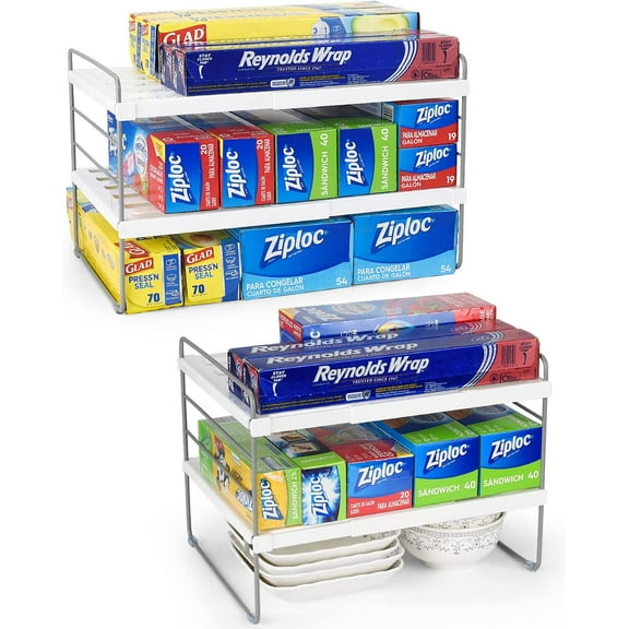 2 Pack Expandable Kitchen Wrap Organizer Rack, Height & Width Adjustable Aluminum Foil and Plastic Wrap Organizer for Pantry, Cabinet Food Wrap Organization and Storage - (3 Tier 9.8 to 15.6"L)