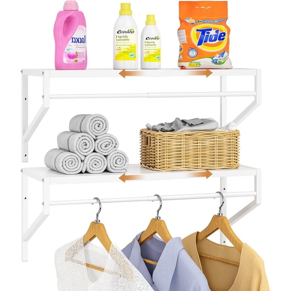 2 Pack Expandable Laundry Room Shelves with Hanging Rod, Over Washer and Dryer Shelves, Wall Mounted Metal Shelving, Utility Floating Wall Shelf for Laundry Closet Organizers and Storage