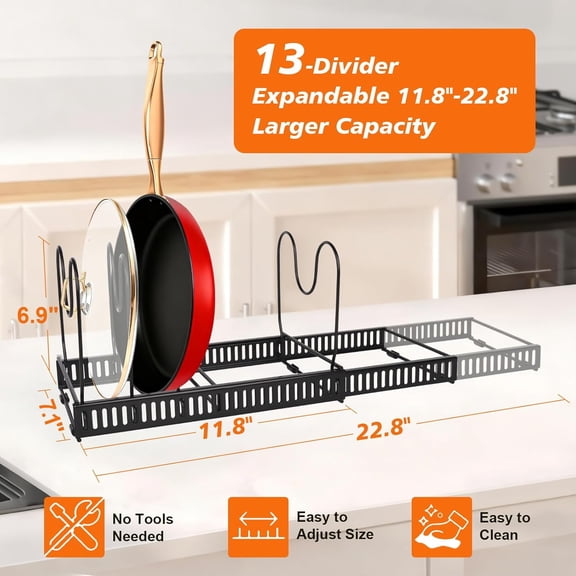 2 Pack Expandable Pot and Pan Organizer for Kitchen Cabinet - Under Sink Storage Rack with 13 Adjustable Dividers for Lids, Baking Sheets - Black & White