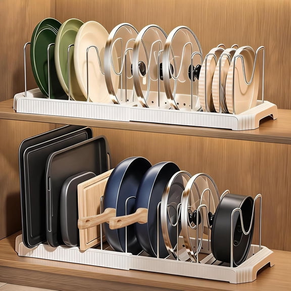 2 Pack Expandable Pots and Pans Organizer Under Cabinet, 13-22" Kitchen Cabinet Organizer with 10 Adjustable Dividers and 10Pcs Pot Protectors for Lids, Baking Sheets & Cookware (2, White)