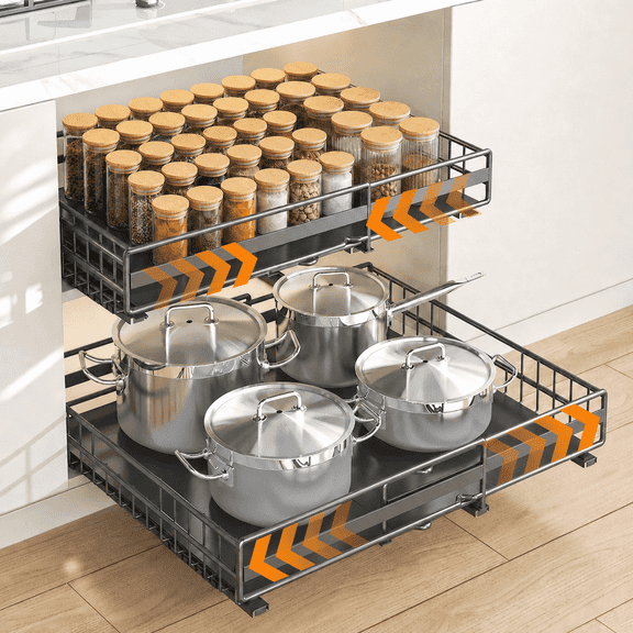 Cabinet Drawers Slide Out, 2 Pack Pullout Drawers for Cabinets, 12"-20" Adjustable Width Roll Out Shelves with Soft-Close, No Drill, Full-Extension Slide Out Organizer for Kitchen, Bathroom.