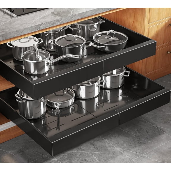 2 Pack Expandable (15.1"-26.3") Pull Out Cabinet Organizer 21" Deep With Raising Pad for Framed Cabinets,Upgrade 3 Slide Rails Slide Out Drawers,No Drill Roll Out Shelves Adhesive,Black