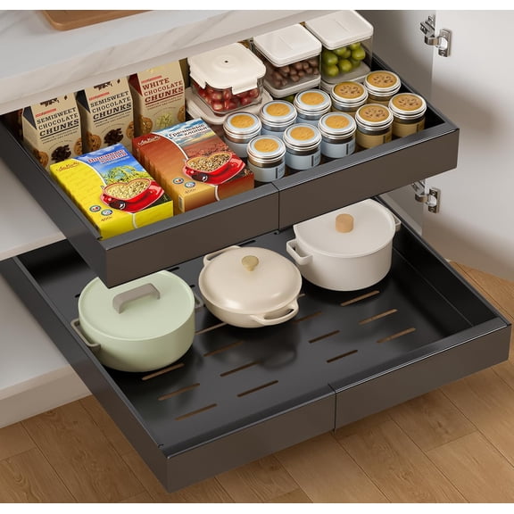 2 Pack Expandable Pull Out Cabinet Organizer 21" Deep, Upgrade 3 Slide Rails Slide Out Drawers for Kitchen Cabinets, No Drill Roll Out Shelves Adhesive, Adjustable Width 12.05"-20.4" Black