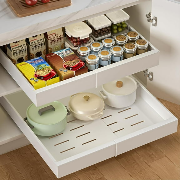 2 Pack Expandable Pull Out Cabinet Organizer 21" Deep, Upgrade 3 Slide Rails Slide Out Drawers for Kitchen Cabinets, No Drill Roll Out Shelves Adhesive, Adjustable Width 12.05"-20.4" White