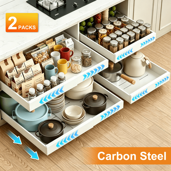 2 Packs Expandable Carbon Steel Pull Out Cabinet Organizer, TAIMASI Upgrade Kitchen Steel 21'' 3 Slide Rails Sliding Organizer Drawers for Cabinets