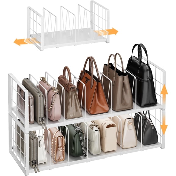 2-Pack Expandable Purse Organizers for Closet, Stackable Metal Bag Racks | 10 Dividers Total: Keep handbags upright and organized; Stack the two racks or use them separately for clutches and totes.