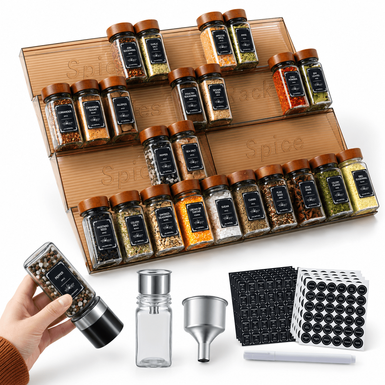 2-Pack Expandable Spice Rack Organizer with 24 4oz Glass Jars and Wood ...