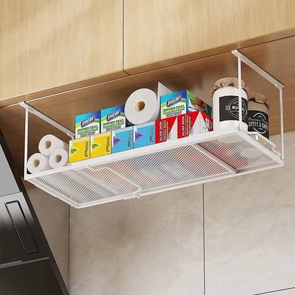 2 Pack Expandable Under Cabinet Shelf Metal Hanging Basket for Kitchen Cupboard Laundry Room Shoe Rack with 0.94 Inch Thick Clips