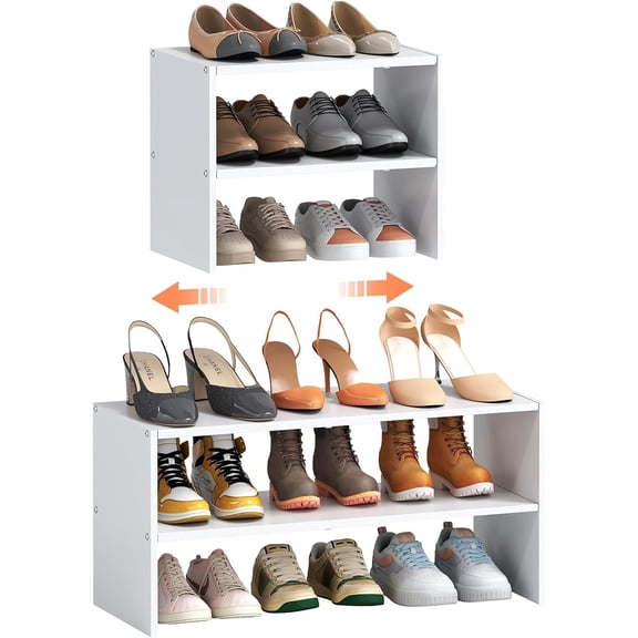 2 Pack Expandable White Shoe Rack Organizer, 2-Tier Stackable Iron and Wood Shoe Storage Shelf for Closet, Entryway, Hallway, and Narrow Spaces, 15-24 Pairs