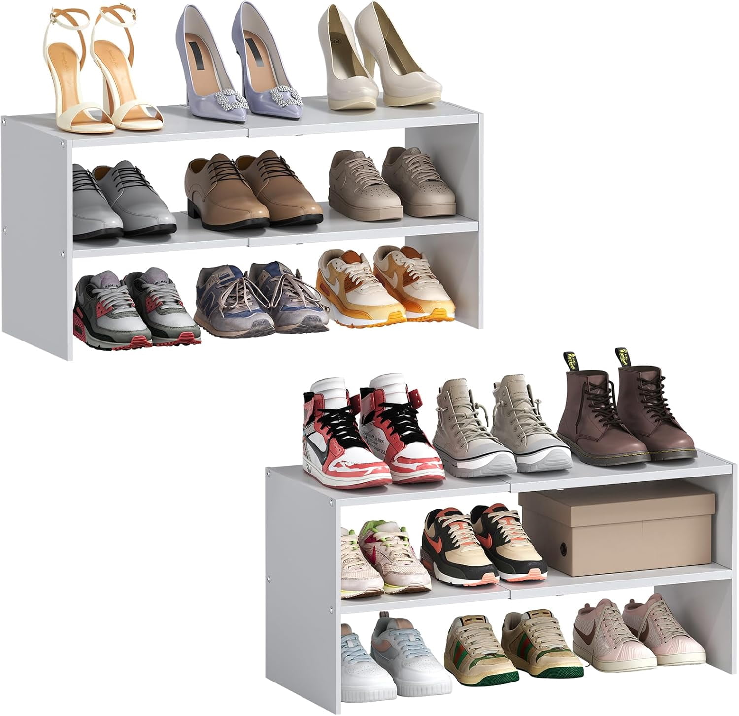 Square White Shoe Rack 2 Pack Expandable White Shoe Rack Organizer for Closet, 2-Tier ...