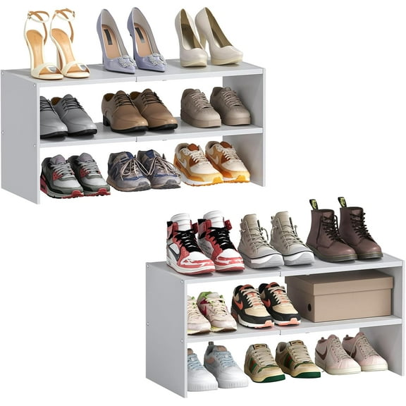 2 Pack Expandable White Shoe Rack Organizer for Closet, 2-Tier Stackable Shoe Storage Shelf, Small Iron Wood Combination Shoe Shelves for Closets,Entryway,Front Door, Narrow Space,Hallway,15-24 Pairs