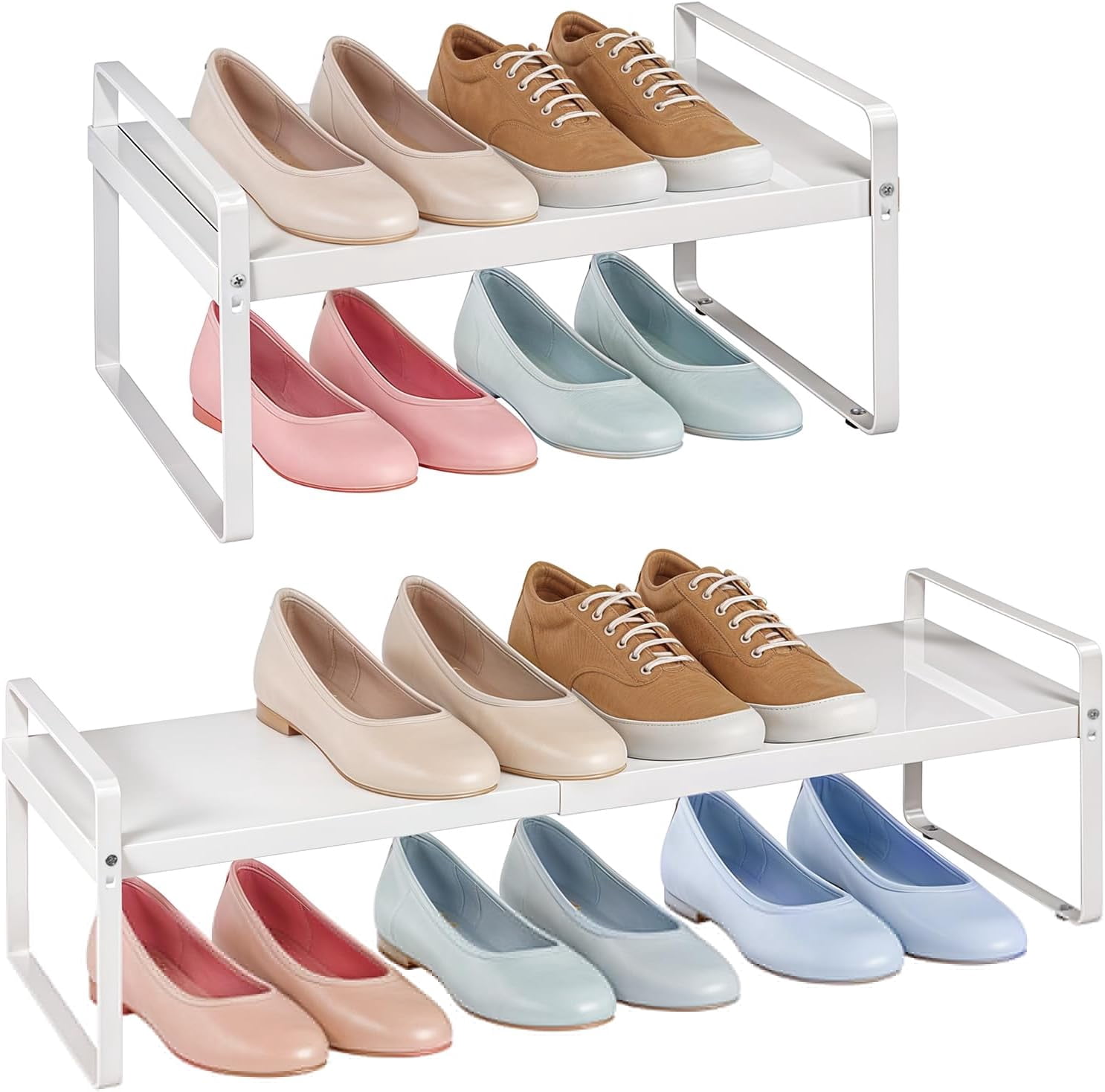 Stackable Compact Shoe Rack 2 Pack Expandable White Shoe Rack Organizer for Closet, Stackable Iron ...