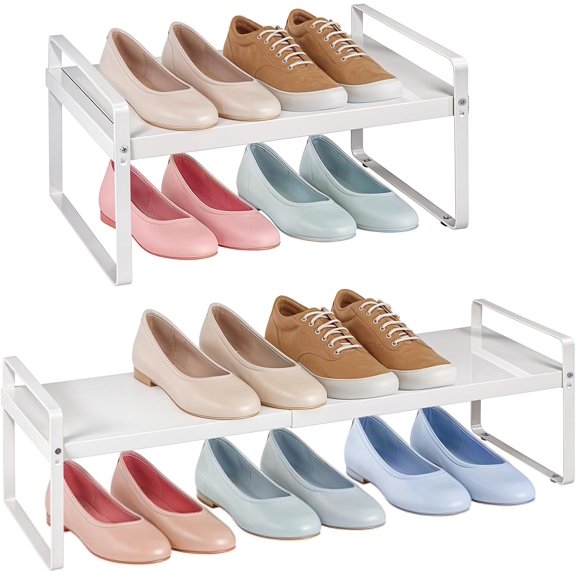 2 Pack Expandable White Shoe Rack Organizer for Closet, Stackable Iron Small Shoe Racks Shelves Space Saving Metal Free Standing Shoes Rack for Closets, Entryway, Front Door, Hallway