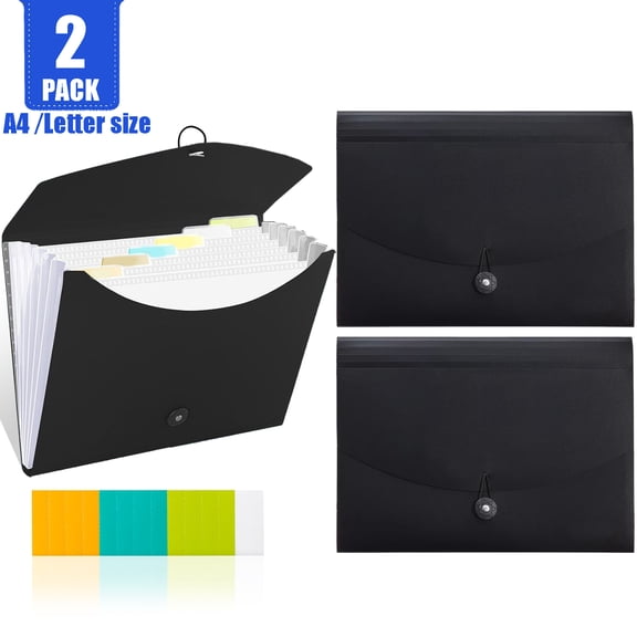 2 Pack Expanding File Folder, 7 Pockets Accordion File Organizer for A4/Letter Paper, Receipts, Bills, Labels Included,  Black