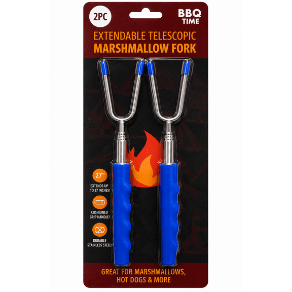 2 Pack Extendable Stainless Steel Roasting Fork Set with Telescopic Design, Cushioned Grip Handles for Campfires, Marshmallows, Hot Dogs & Outdoor Cooking, Blue