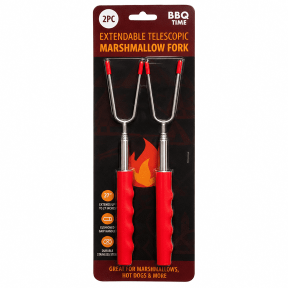 2 Pack Extendable Stainless Steel Roasting Fork Set with Telescopic Design, Cushioned Grip Handles for Campfires, Marshmallows, Hot Dogs & Outdoor Cooking, Red
