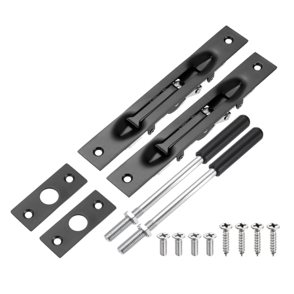 2 Pack Extension Flush Bolt with Rod, 6 Inch Stainless Steel Door Flush Bolt Latch Concealed Security Door Lock for Double Doors, Black