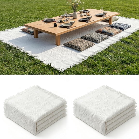 2 Pack Extra Large 91 x 71 Inch White Outdoor Picnic Blanket with Tassel Fringe, Portable Boho Floor Mat for Lawn Camping Travel, Wedding Photoshoot Backdrop, Indoor Bohemia Home Decor
