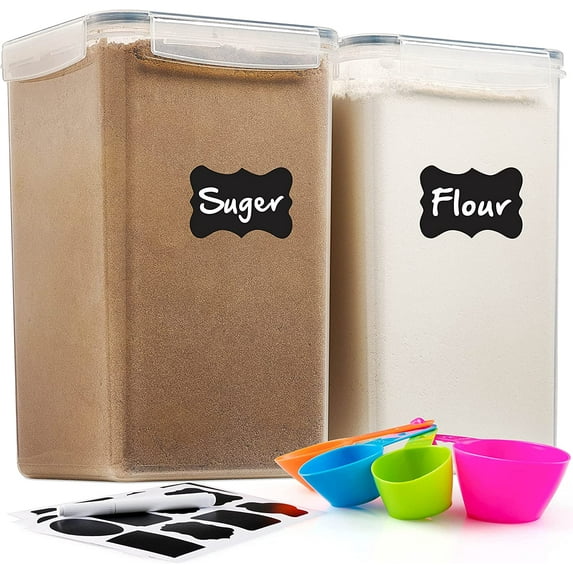 2 Pack Extra Large Airtight Food Storage Containers - 6.5L / 220 Oz BPA Free Clear Plastic Kitchen and Pantry Organization Canisters for Flour, Sugar, Rice & Baking Supply - Labels, Marker & Spoon Set