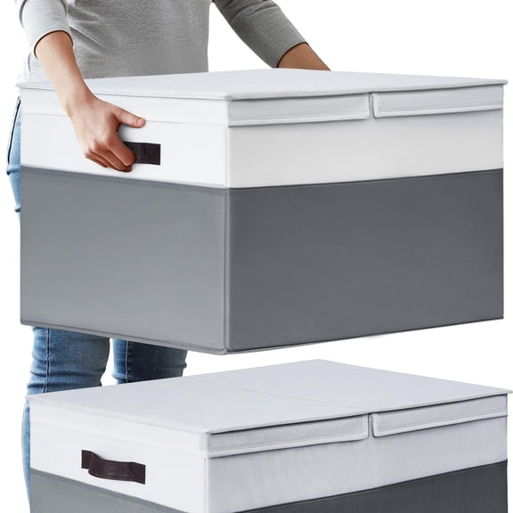 2 Pack Extra Large Blanket Storage Baskets With Lids 22"x16"x12" Closet Organizers Bins For Clothes Towel/ Box Lid Handles/ Stackable Decorative Fabric Living Room
