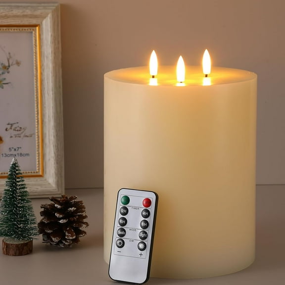 2 Pack Extra Large Flameless Candles Battery Operated Real Wax 3 Wicks LED Pillar Candles with Remote Control and Timer for Wedding Christmas Home Party Decoration(Ivory,6 x 8 Inch)