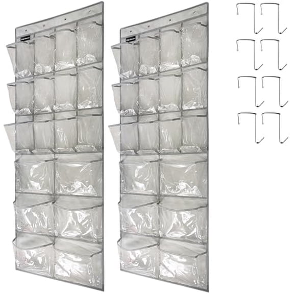 2 Pack Extra Large Hanging Crystal Clear Over Door Shoe Organizers, Closet Shoe Rack Organizer, 12+6 Pockets, 8 Hooks, Grey (59" x 21.6")