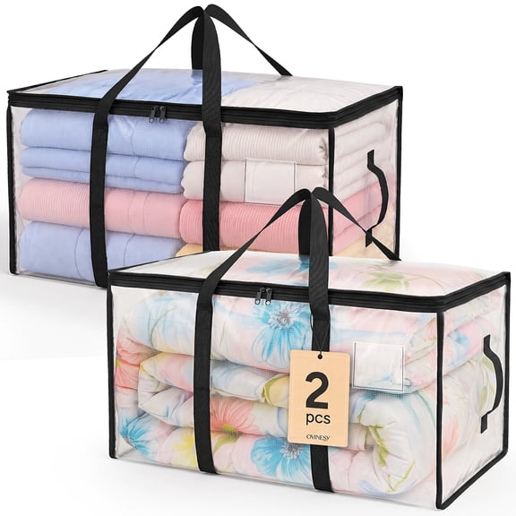 OVINESY 2 Pack 65 QT Heavy Duty Moving Bags with Double Zipper, Side Handles & Label Pockets, Clear Large Storage Bags for Clothes Storage, College Dorm & Packing